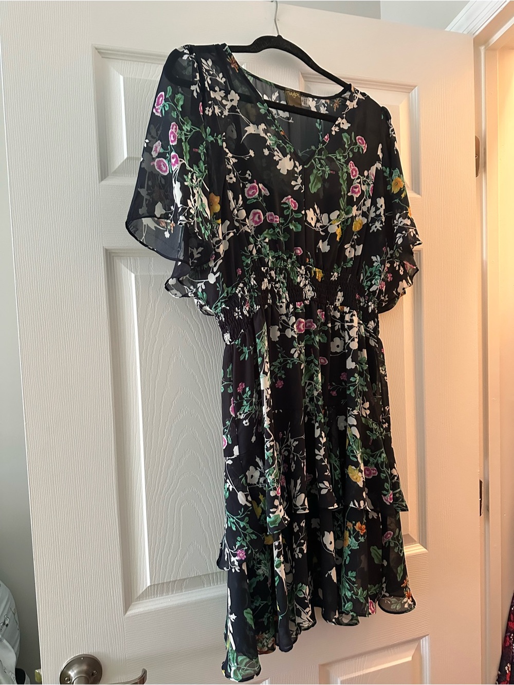 Taylor Black Floral Dress with Green Accents